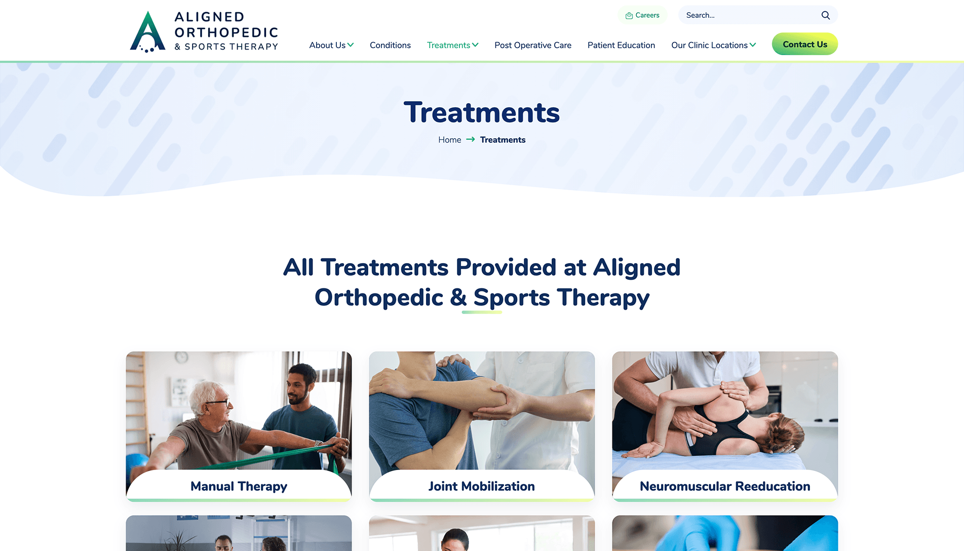Webpage of Aligned Orthopedic & Sports Therapy showing navigation menu, treatments page title, and images of three types of therapy sessions: Manual Therapy, Joint Mobilization, and Neuromuscular Reeducation.