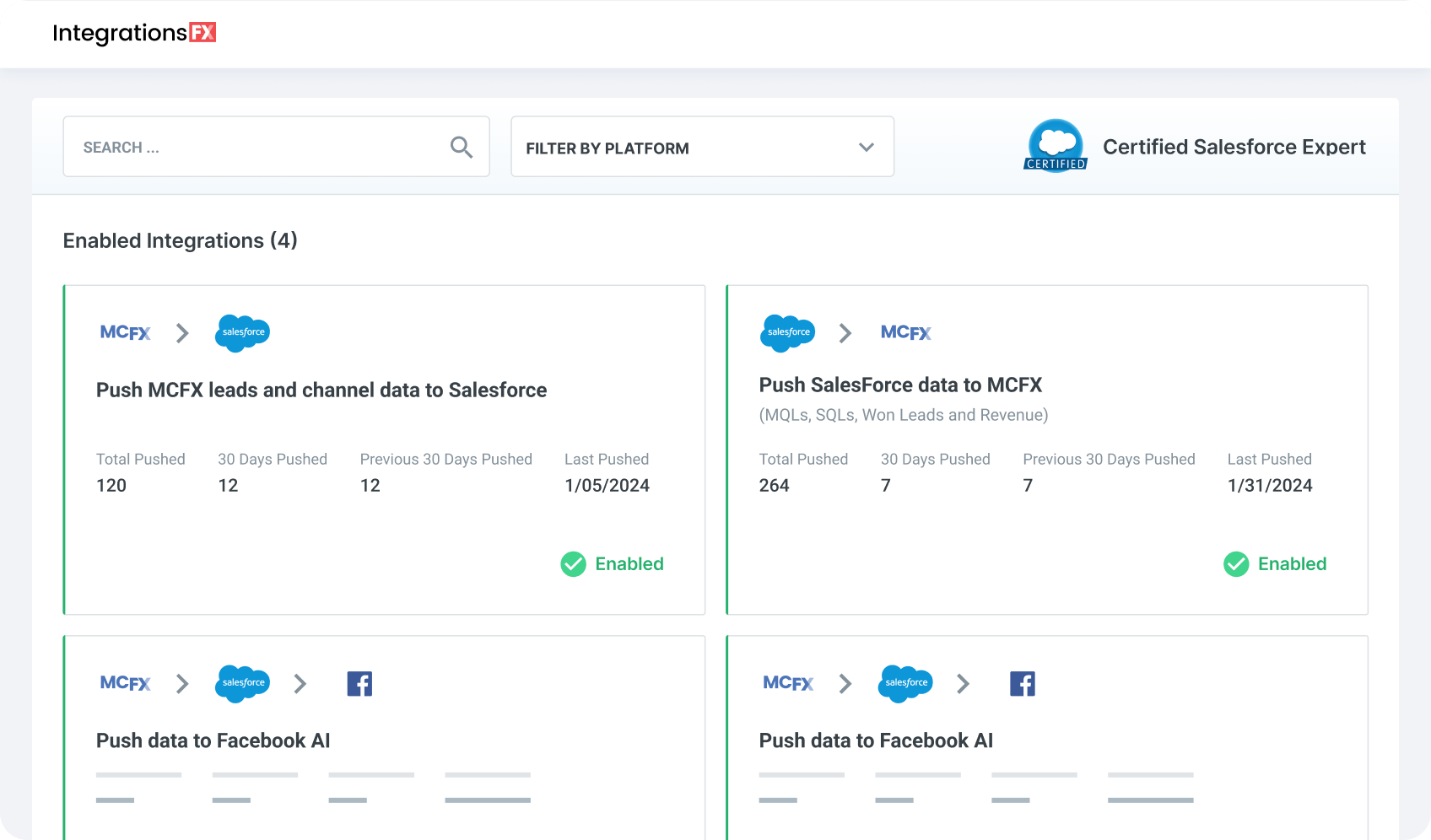 Screenshot of IntegrationsFX software showing enabled integrations for data exchange between MCFX, Salesforce, and Facebook AI with statistics on data pushed and dates of last push.