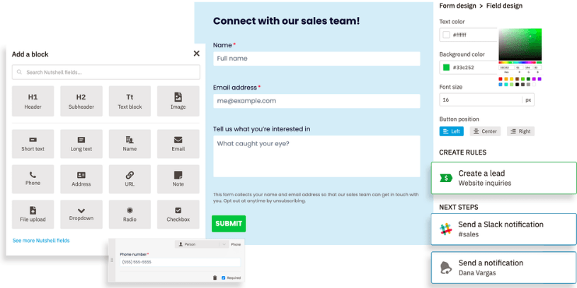 Nutshell lead generation forms screenshot