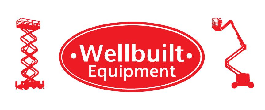 Logo of Wellbuilt Equipment with a red oval containing the company name in white, flanked by red line drawings of a scissor lift on the left and an articulated boom lift on the right.